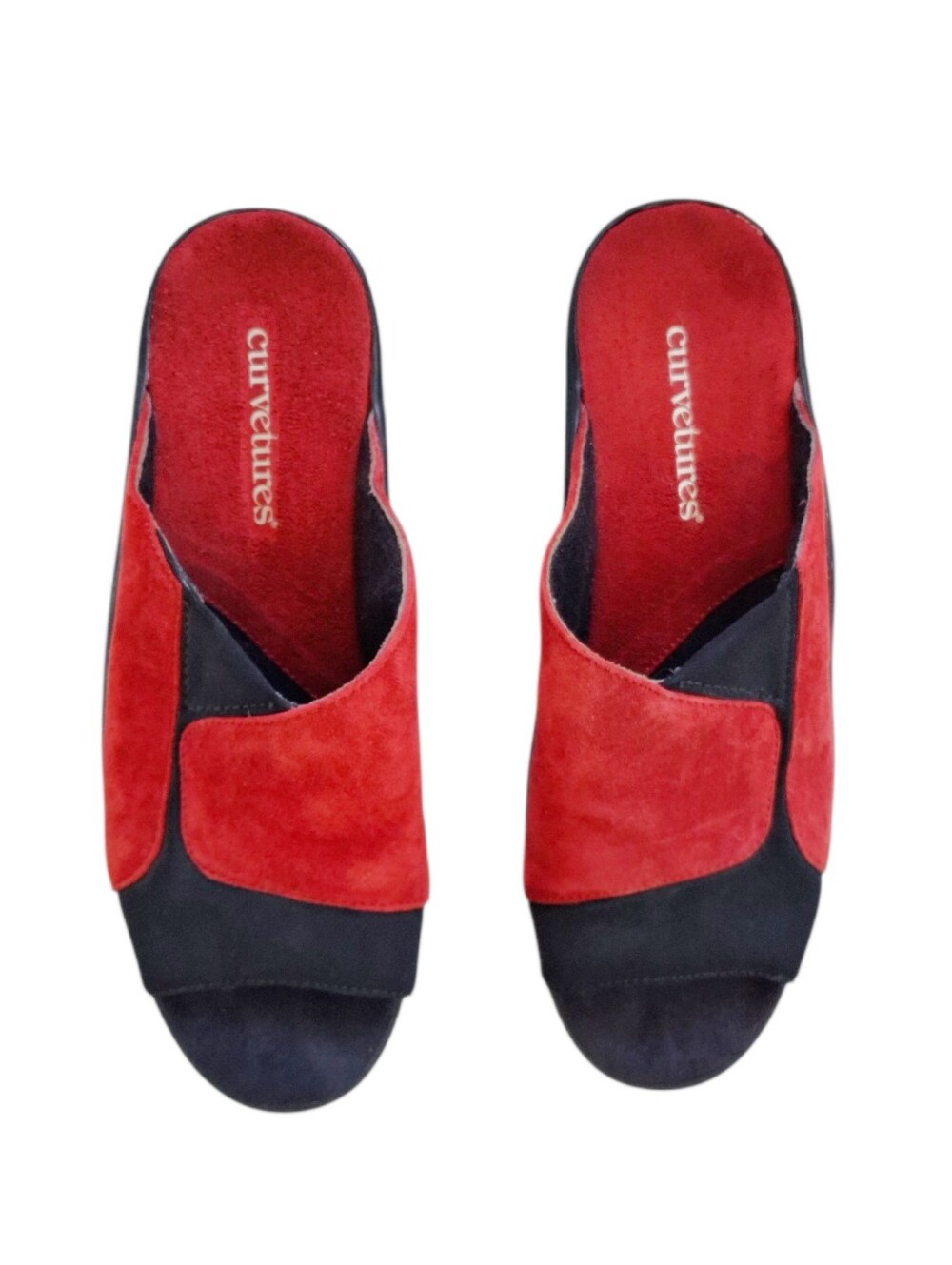 Curvetures Red Black Suede Colorblock Wedge Mules Retro 70s 60s Size 9